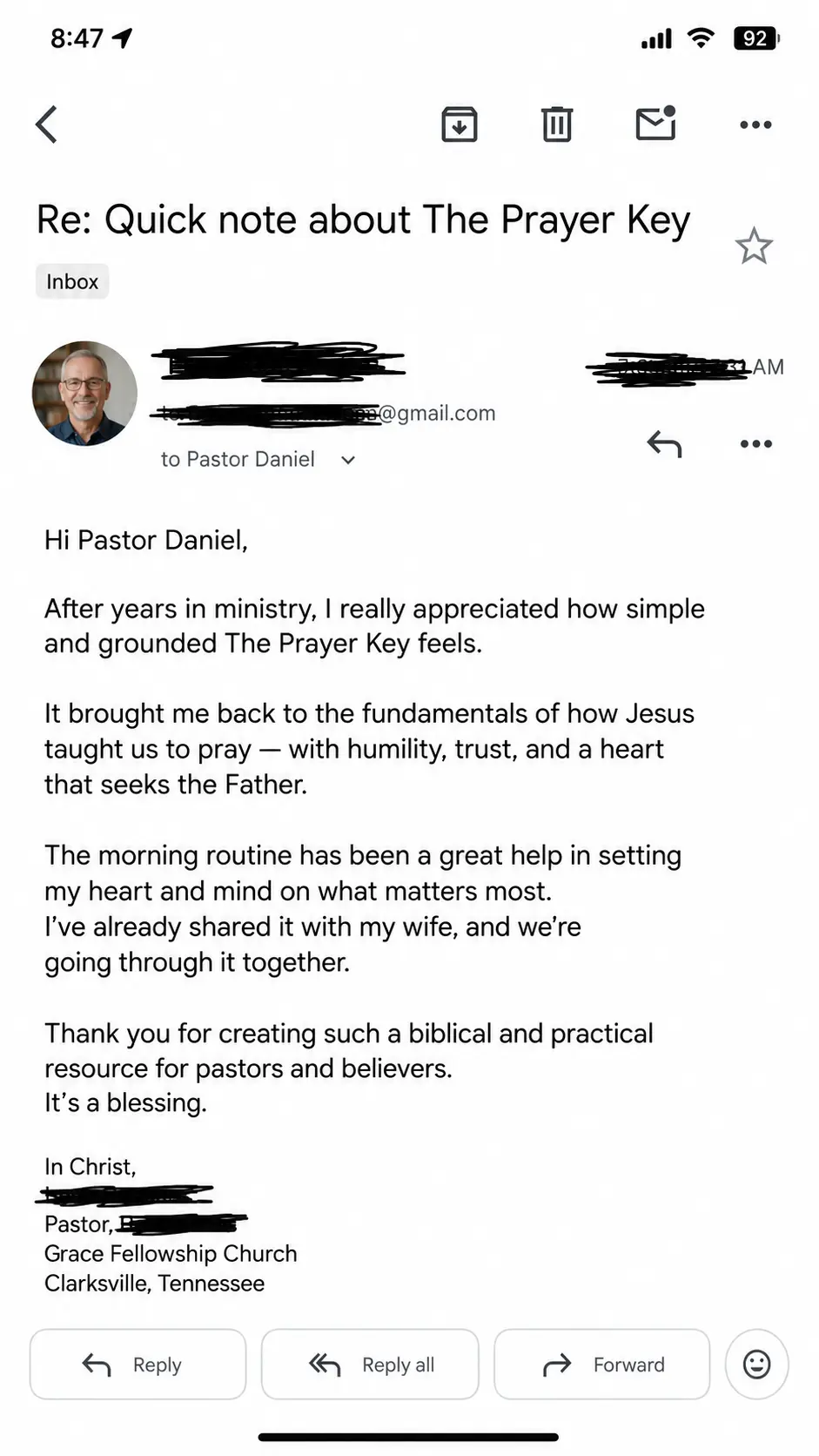 Reader message about The Prayer Key