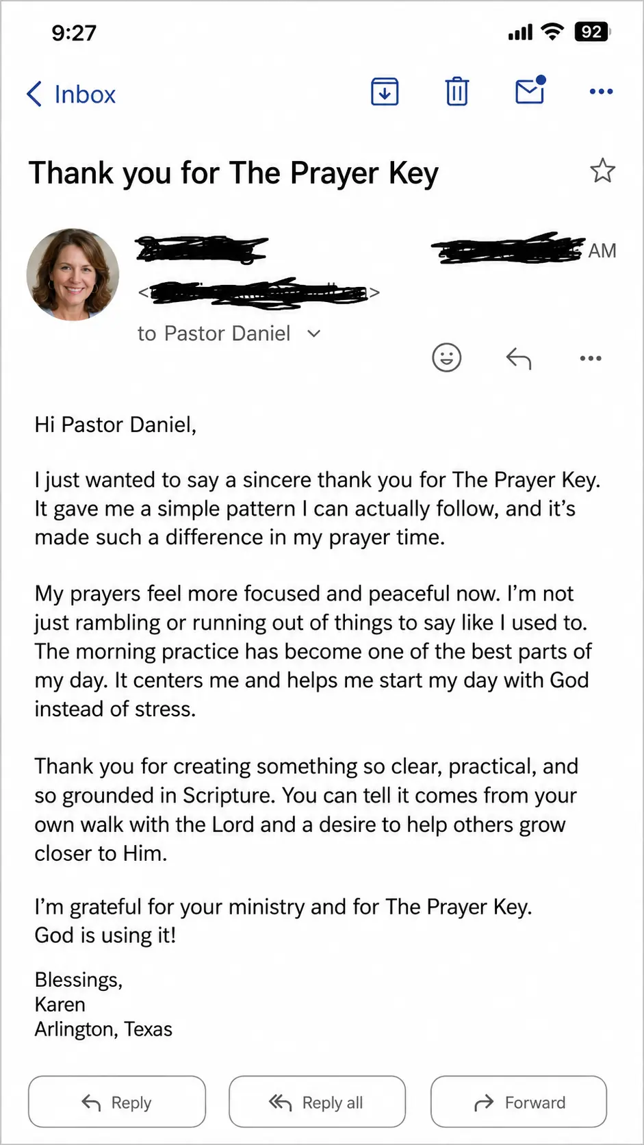 Reader message about The Prayer Key